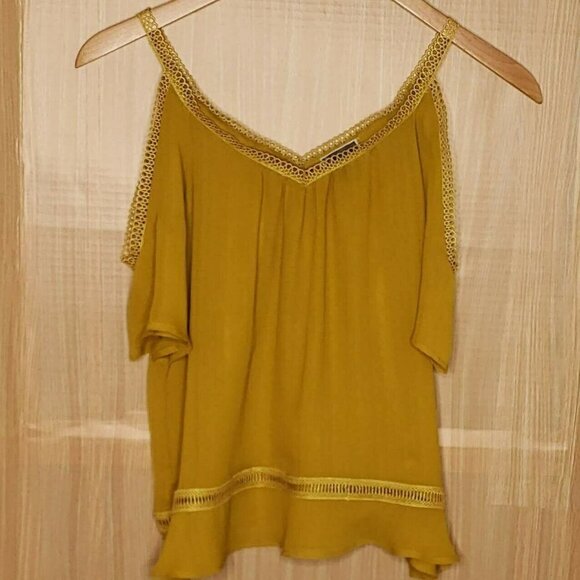 Chelsea28 Cold Shoulder Mustard Semi Sheer Blouse - Picture 1 of 6